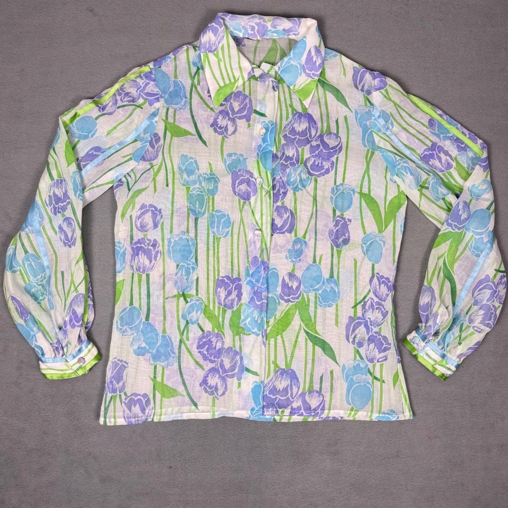 Vintage 60s 70s Tulip Print‎ Blouse Bishop Sleeve Satin Trim Sheer Floral S